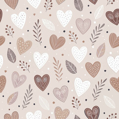 Romantic Hand-Drawn Hearts and Leaves Seamless Pattern