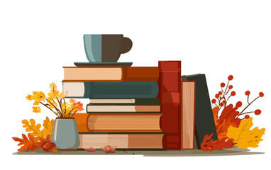 Stos jesiennych książek z kubkiem kawy i dekoracjami liści klonu na przezroczystym tle.