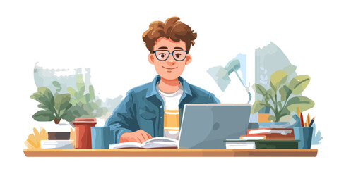 Młody mężczyzna w okularach pracuje przy biurku z laptopem i książkami, styl ilustracji wektorowej.