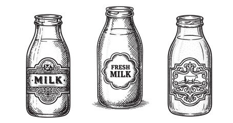 Milk bottle engraving illustration for dairy product packaging