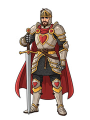 Heroic Medieval Knight Character Illustration with Golden Armor and Red Cape