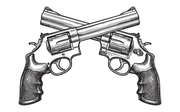 Pair of crossed vintage revolver handguns illustrated in a retro hand-drawn engraving style