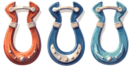 Trzy stylizowane, kolorowe podkowy na szczęście z metalowymi okuciami na przezroczystym tle.