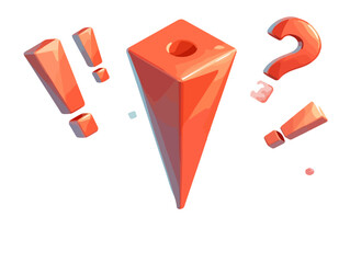 Tr&oacute;jwymiarowy, czerwony znacznik lokalizacji otoczony znakami zapytania i wykrzyknikami na białym tle