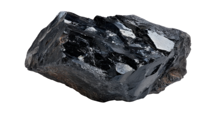 Black tourmaline crystal showing its natural form, an opaque mineral gemstone with shiny facets, transparent background