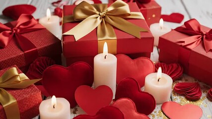 A festive scene with vibrant red gift boxes, elegantly adorned with gold and red bows, nestled among various red heart decorations and shimmering gold confetti. Softly lit by the flickering glow of wh