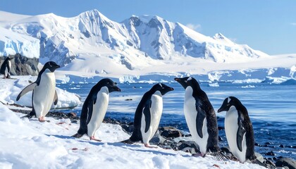 A group of penguins stand on a snowy shore, gazing at the icy waters. Towering, snow-capped mountains form a backdrop
