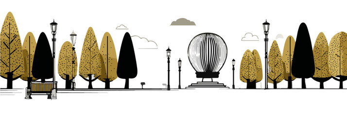 Ilustracja wektorowa parku z drzewami jesiennymi, ławką i nowoczesną, przezroczystą rzeźbą sferyczną.