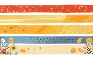 Zestaw ręcznie rysowanych taśm dekoracyjnych z wzorami w ciepłych, letnich kolorach i motywami kwiatowymi.