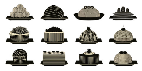Zbi&oacute;r dwunastu stylizowanych, monochromatycznych deser&oacute;w i babeczek na czarnych talerzykach, idealne do izolacji.
