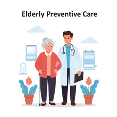 An elderly woman and a young doctor standing together with medical documents and plants in a preventive care setting with a calm mood.