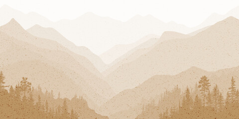 Sunrise in the mountains, sepia shades, retro effect, ridge gradients and trees, vector illustration