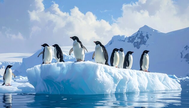 A group of penguins gathers on an iceberg in the vast Antarctic ocean, beneath a bright blue sky and snow-capped mountains - Powered by Adobe