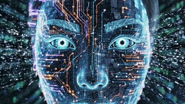 Futuristic digital portrait of a human face with glowing circuits,  neon light and data streams glow