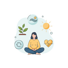 Illustration of a serene woman meditating cross-legged with eco-friendly symbols around her on a light blue background.