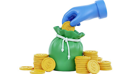 Hand Depositing Coin into Money Bag with Stacks of Coins
