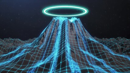 A neon grid overlays an erupting mountain with a halo in the starry night
