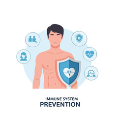 Illustration of a man holding a shield with a heart and various health icons around him on a white background with a health and protection theme.