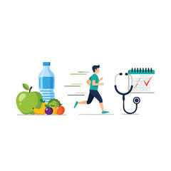 Flat illustration of a healthy lifestyle concept with a water bottle, fruits, a running man, and a stethoscope on a calendar, conveying a wellness and fitness theme with a clean and simple