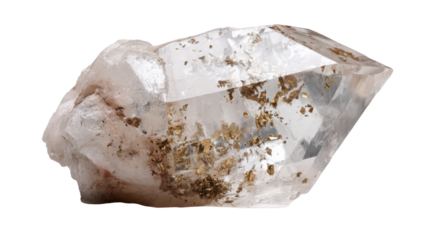 Clear quartz crystal with golden pyrite inclusions showing raw natural mineral formation on transparent background