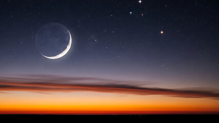 A crescent moon shines brightly above a colorful sunset horizon