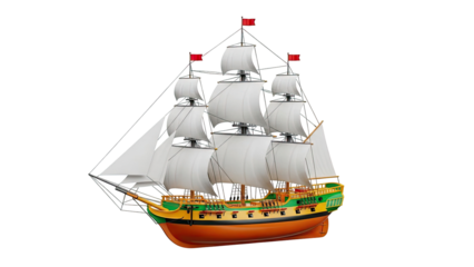 3D Render of a Tall Ship with White Sails and Red Flags