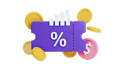 Discount Coupon with Percentage Symbol, Coins, and Growth Chart
