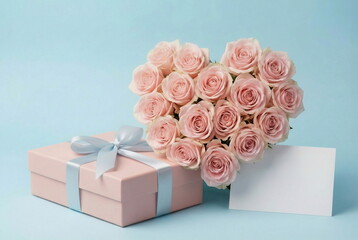 Heart shaped pink roses bouquet , gift box and greeting card blank mockup on pale blue background. Wedding, holiday, valentine's day, birthday, mother's day gift present.Copy space 