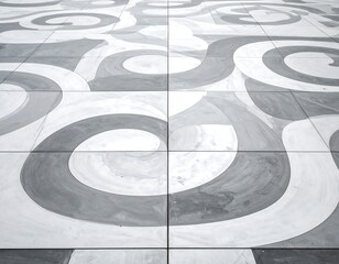 Modern tile flooring with a swirling gray and white pattern