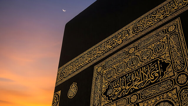 The sacred kaaba in mecca adorned with golden calligraphy under a twilight sky