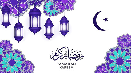 Elegant ramadan kareem design with ornate lanterns and a crescent moon