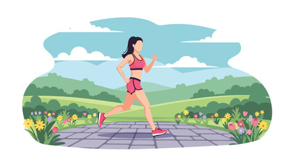Vector illustration of a woman jogging in a spring park, healthy fitness lifestyle scene with blooming flowers, greenery, and outdoor exercise in flat solid colors