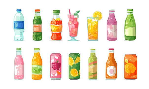 Collection vari&eacute;e de boissons rafra&icirc;chissantes en bouteilles et canettes, avec des liquides transparents et color&eacute;s.