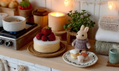 A cozy kitchen, a cooking bear and rabbit, cake and desserts, warm light, a cake table, wool felt, a miniature scene
