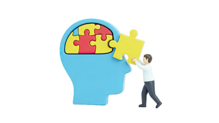 Man placing puzzle piece into human head silhouette