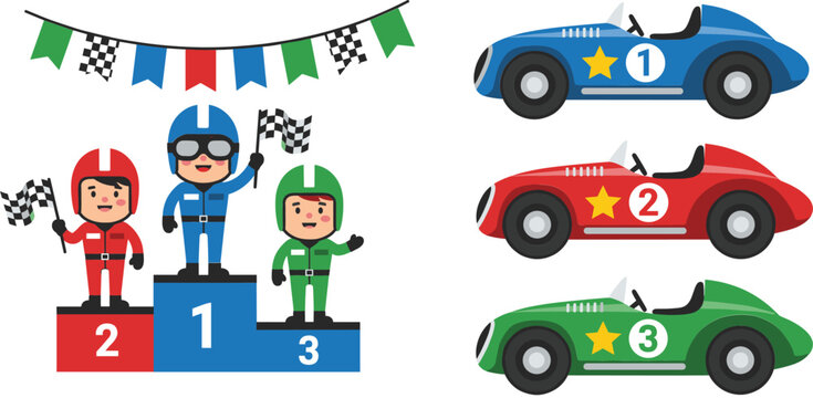 Kids car racing winners podium with race cars flags and drivers cartoon vector illustration