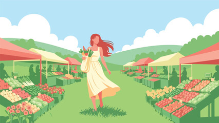Vector illustration of a woman shopping at a farmers market in spring, healthy lifestyle concept with fresh produce, flowers, and eco friendly outdoor scene