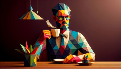 A geometric man wearing glasses made of triangles is drinking coffee indoors. The background is dark and the image is colorful. There are few plants around.
