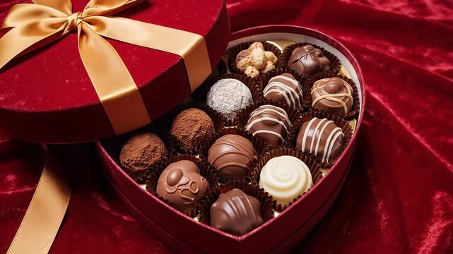 A luxurious heart-shaped gift box, elegantly wrapped with a shimmering golden ribbon, is artfully displayed partially open to reveal an exquisite assortment of gourmet chocolates. Resting on a plush r