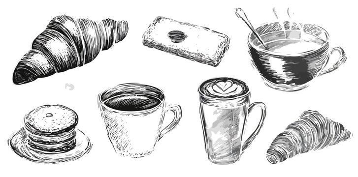 Handgezeichnete Fr&uuml;hst&uuml;ckselemente, Kaffee, Croissants, Toast und Kekse, isoliert auf transparentem Hintergrund, ideal f&uuml;r Men&uuml;s und Designs.