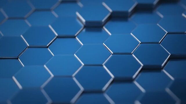 Abstract blue hexagons with metallic borders create a futuristic, digital background