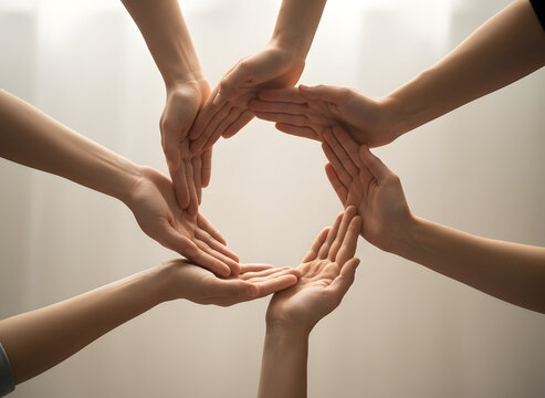 Multiple hands coming together in unity and cooperation forming a circle from different viewpoints