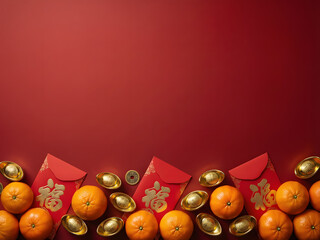 Lunar New Year Symbols on Red: The image is festive, capturing the spirit of Lunar New Year with a vivid display of lucky charms like Mandarin oranges, gold ingots, red envelopes.