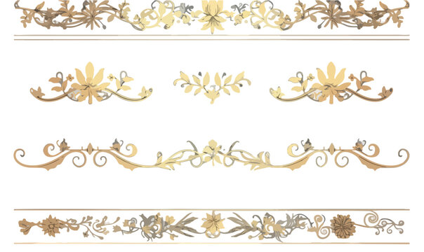 &Eacute;l&eacute;ments d&eacute;coratifs vectoriels transparents de style vintage avec des bordures orn&eacute;es dor&eacute;es et des motifs floraux &eacute;l&eacute;gants pour le design graphique.