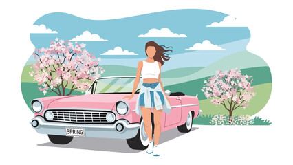 Flat vector illustration of a woman on a spring road trip, travel lifestyle scene with car, blooming trees, and freedom themed seasonal adventure © meeblues