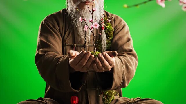 Tranquil elderly Asian man in traditional Tang suit with moss embroidery and lantern buttons, holding a miniature bonsai on green screen.