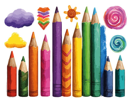 Bunte Aquarell-Bleistifte und kreative Formen, ideal f&uuml;r Bildung, Kunstprojekte und Design auf transparentem Hintergrund.