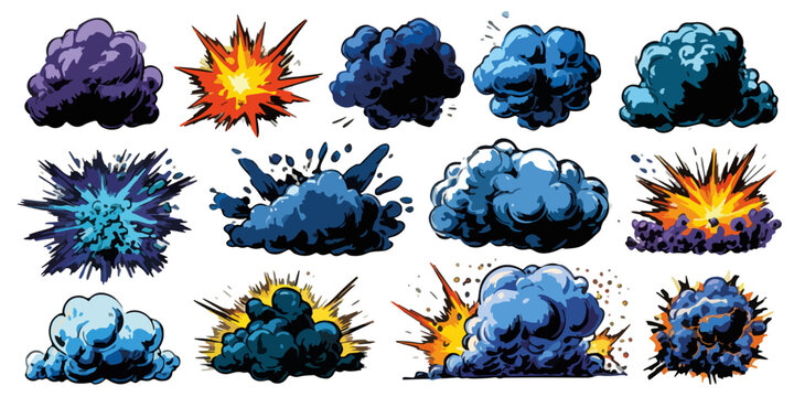 Sammlung von Comic-Explosionen und Rauchwolken, ideal f&uuml;r Gaming, Animation und visuelle Effekte mit transparentem Hintergrund.