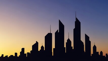 City skyline silhouette at dusk with skyscrapers and buildings against a vibrant gradient sky
