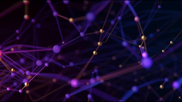 Close-up of a network visualization with purple and yellow nodes and connections on a dark background